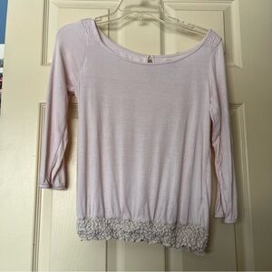 American Eagle Y2K S Light Pink 3/4 Sleeve Top with Stretch Crochet Waistband